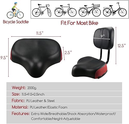 Miniatura 3 de Sencen - Asiento de bicicleta cómodo de repuesto de gran tamaño, cómodo sillín de bicicleta, cojín acolchado de espuma viscoelástica ancha, ajuste