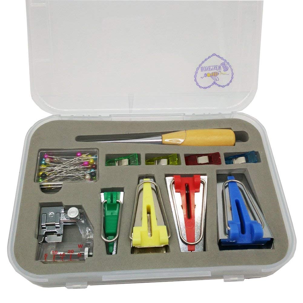 HONEYSEW Bias Tape Maker 6MM 12MM 18MM 25MM with Binder Foot Bradawl Quilting Clips Sewing Pins Kit (BTM-S2)