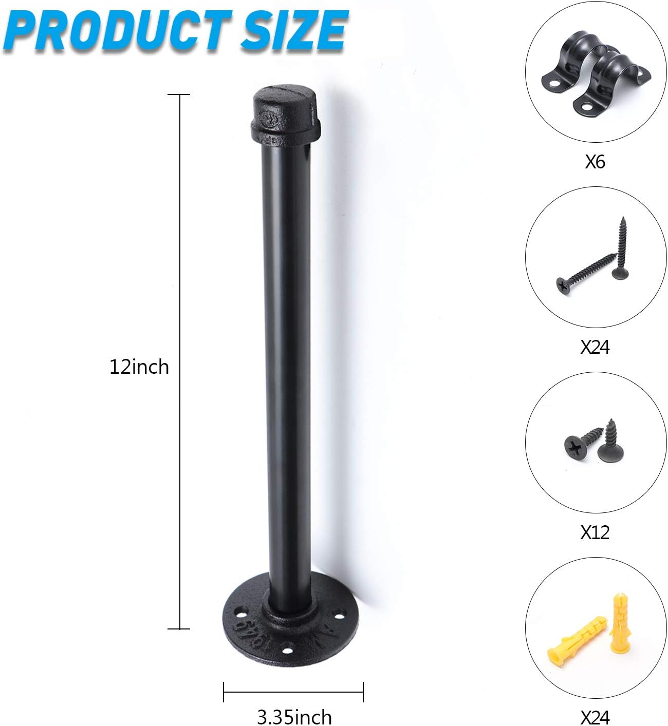 3/4" Industrial Black Iron Pipe Shelf Brackets, Rustic Wall Mounted DIY Shelving Brackets Hanging Custom Pipe Brackets for Floating Shelves(6, 12")