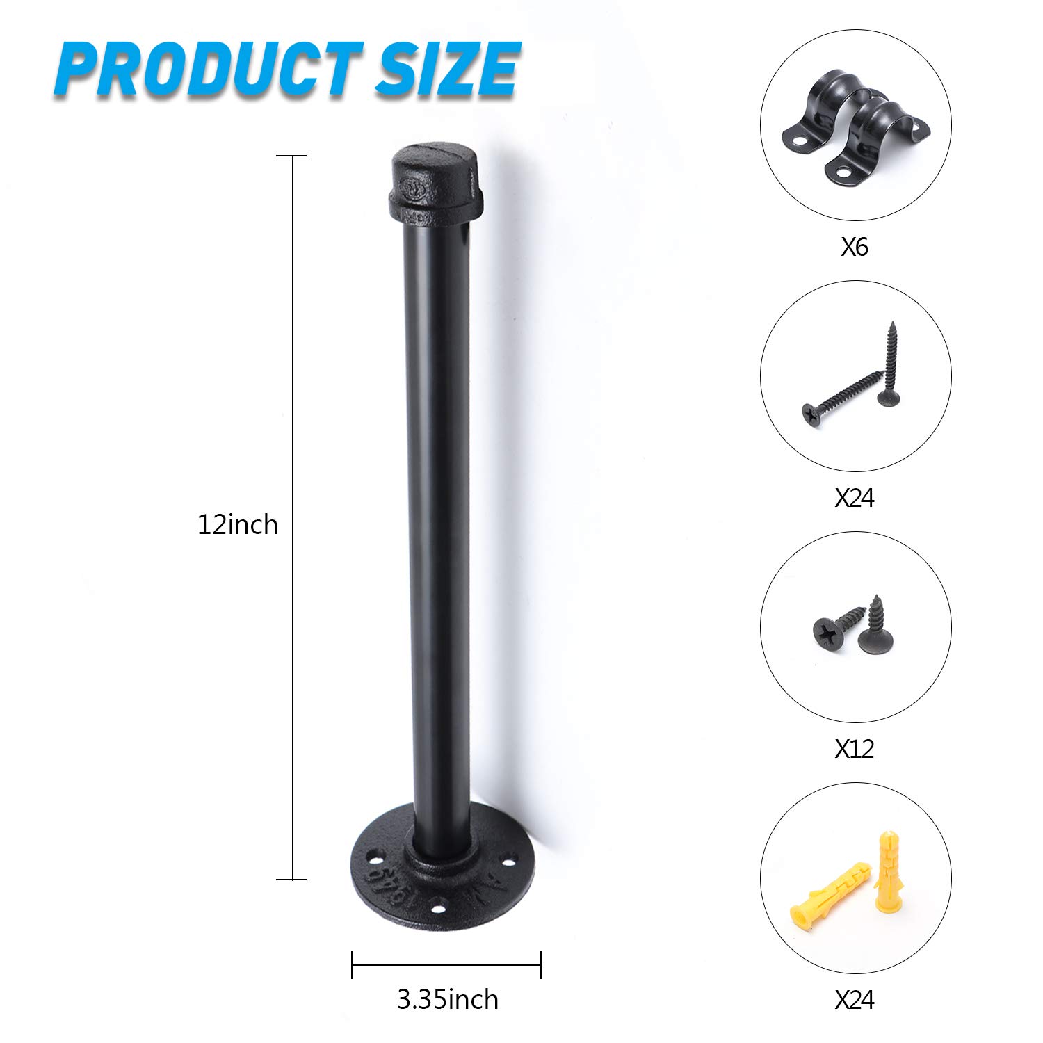 3/4 "Industrial Black Iron Pipe Shelf Brackets, Rustic Wall Mounted DIY Scaffalature Staffe per tubi personalizzati per mensole galleggianti (6, 12")