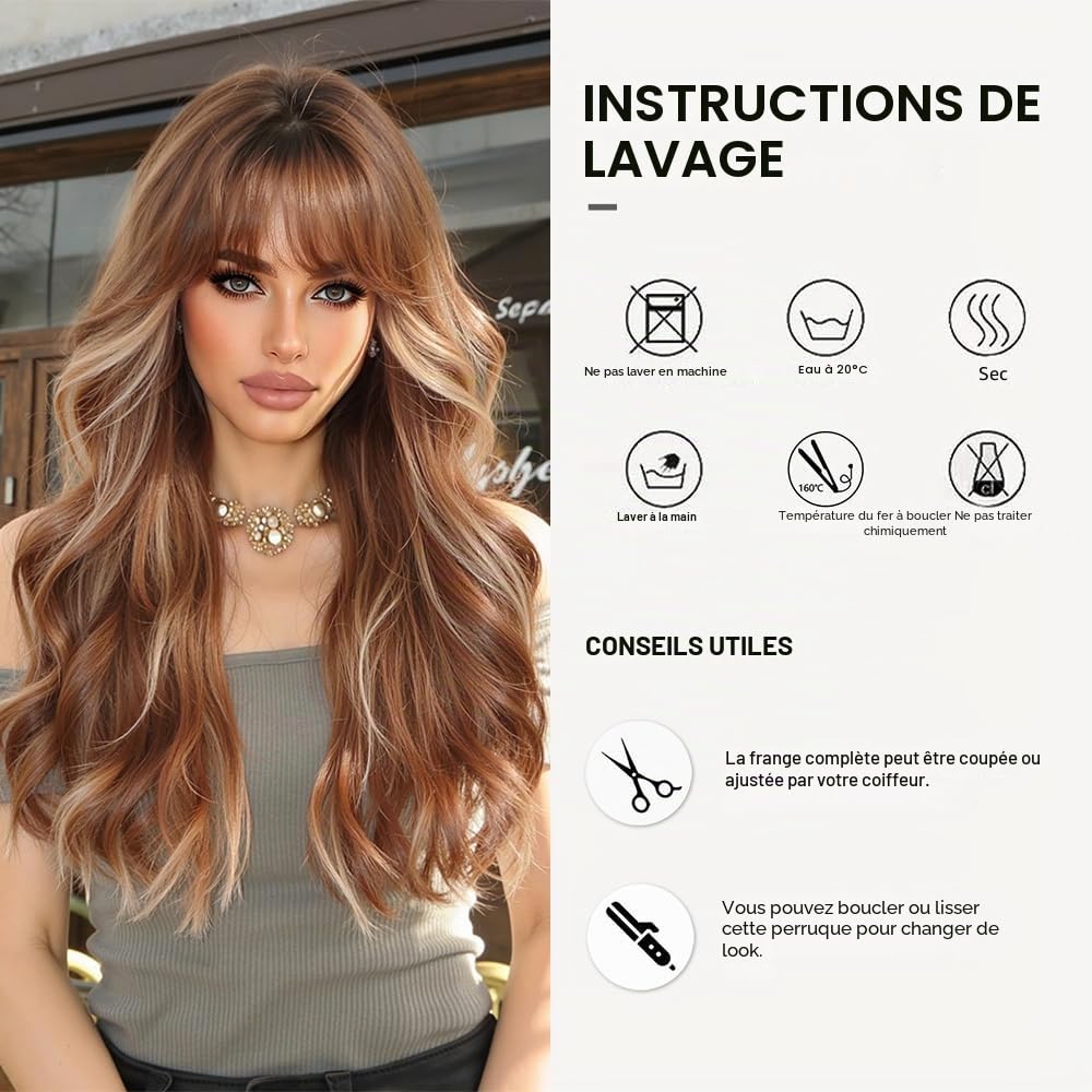 Perruques Longues Ondulées Ombre Ginger pour Femmes avec Franges Cheveux Synthétiques Naturels Perruques Résistantes à La Chaleur pour La Fête Quotidienne Cosplay Wear