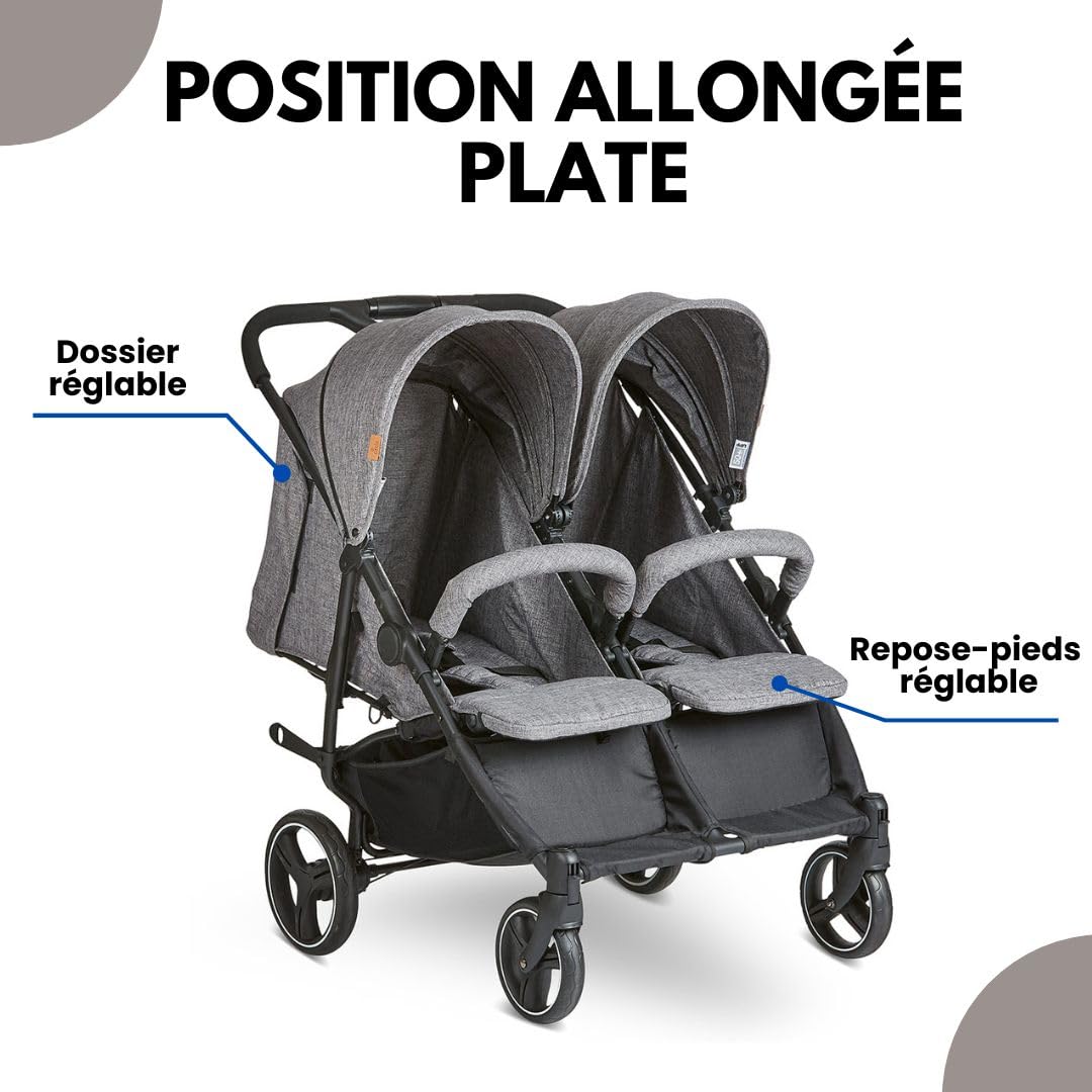 ABC Design Poussette Double Twin Circle – Légère, Maniable, Compacte pour Jumeaux et Frères & Sœurs, Fonction Allongée, Pliage facile, Housse Pluie – Gris Chiné