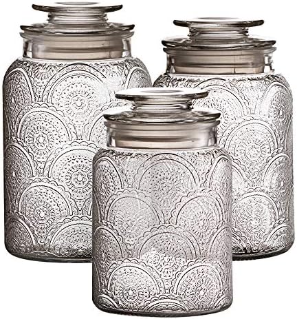 Style Setter Canister Set 3-Piece Glass Jars in 34oz, 44oz & 54oz Retro Design w/ Airtight Lids for Cookies, Candy, Coffee, Flour, Sugar, Rice, Pasta, Cereal & More