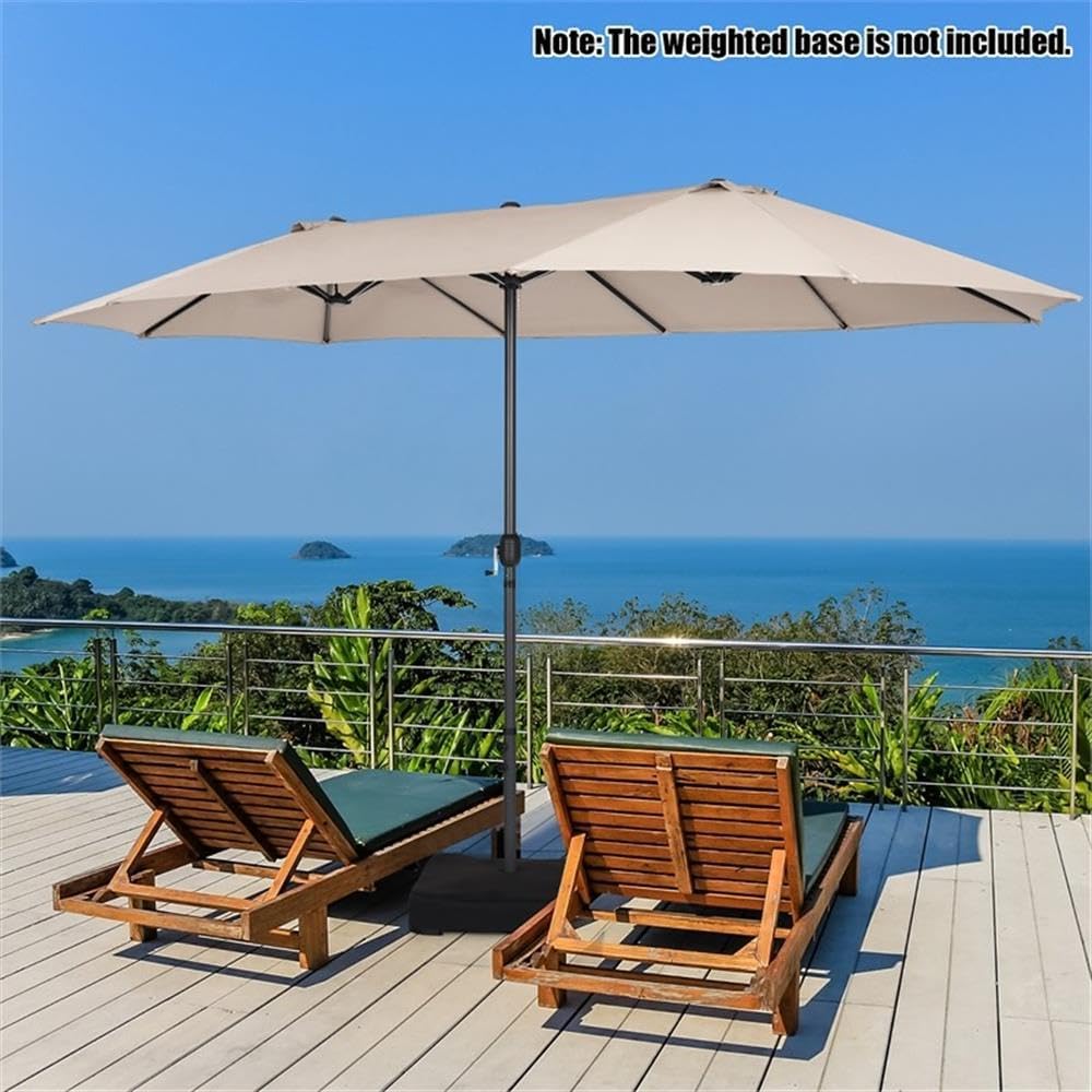 Pemberly Row 15FT Patio Double-Sided Umbrella, Beige UV-Blocking Polyester Canopy, Sturdy 12-Rib Metal Frame, Crank Handle Adjustments, Air-Vented Design, Outdoor Garden or Commercial Space Shade