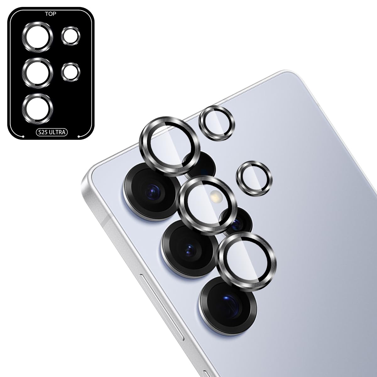【2枚セット】 対応 Galaxy S25 Ultra カメラフィルム 2枚 ギャラクシーS25 Ultra レンズ保護カバー 黒縁取り 露出オーバー防止 【 アルミ合金製＋AR高透過率強化ガラス 】 対応 Galaxy S25 Ultra 5G レンズフィルム 耐衝撃 飛散防止 高透過率 指紋・汚れ防止 ゼロ気泡 簡単貼り付け