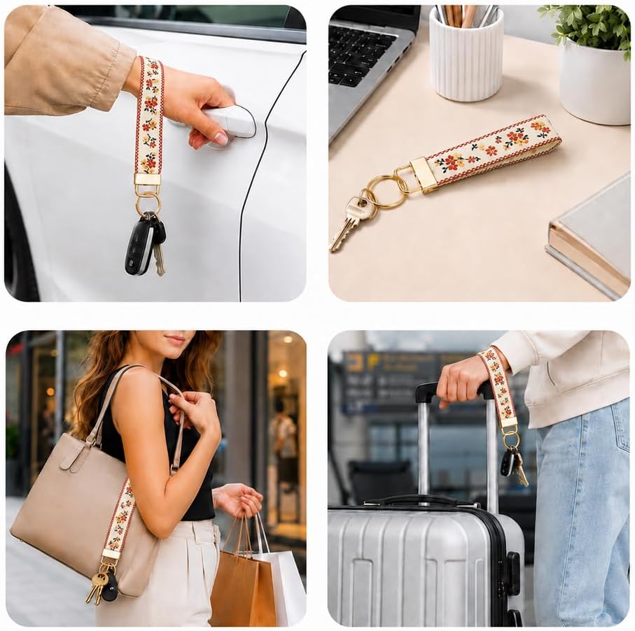 Wristlet Keychain for Women, Floral Embroidered Fabric Key Wristlet with 3 Detachable Metal Accessories