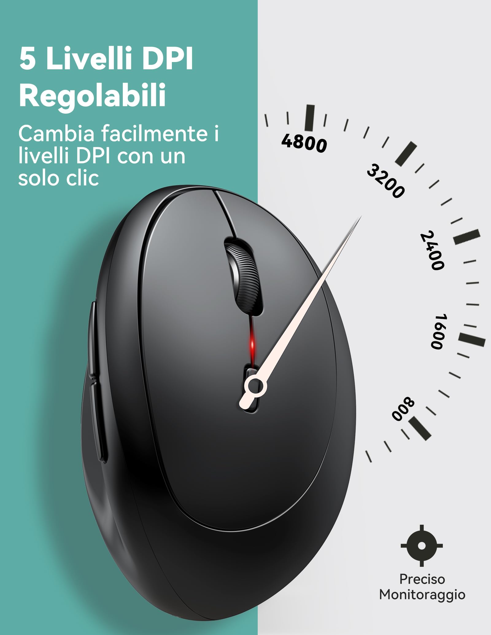 TECKNET Verticale Wireless, 2.4GHz Senza Fili Ergonomico, 4800 DPI, Clic Silenziosi, 6 Pulsanti Per PC, Computer Portatile, Mac - Nero