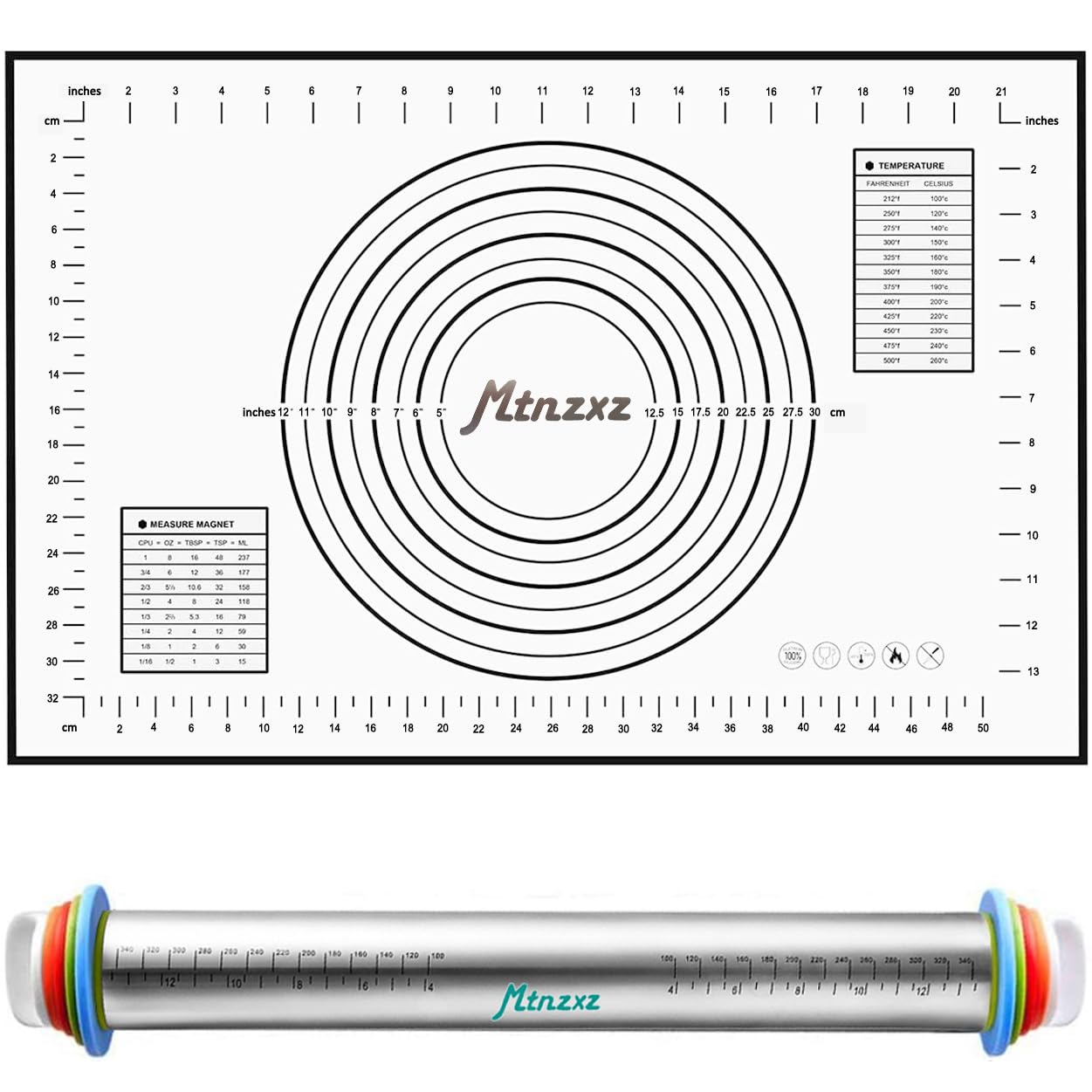 MTNZXZ Rolling Pin and Silicone Baking Pastry Mat Set, Stainless Steel Dough Roller, Rolling Pins with Adjustable Thickness Rings, for Baking Dough, Pizza, Pie, Pastries, Pasta, Cookies