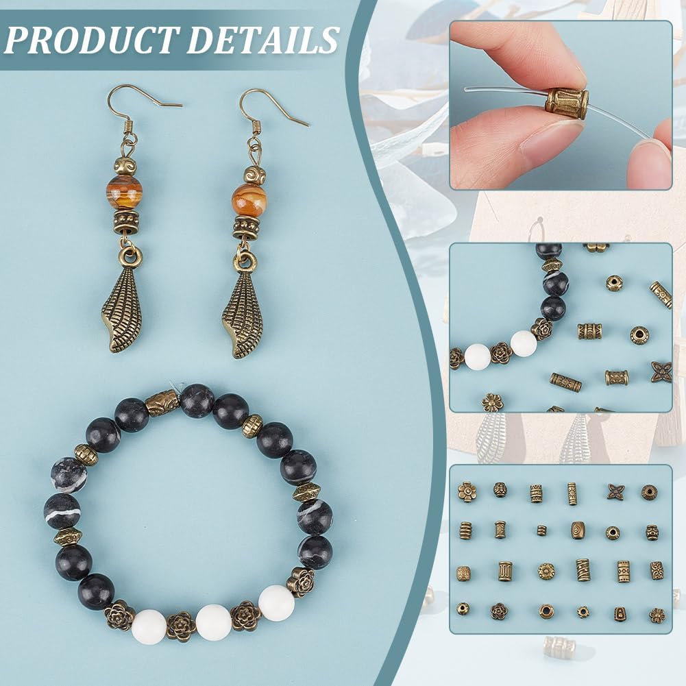 NBEADS 360 Pcs 24 Styles Tibetan Alloy Spacer Beads, Antique Bronze Beads Metal European Loose Beads Large Hole Loose Beads for Bracelet Necklace Jewelry Marking, Hole: 1-3mm - Image 5