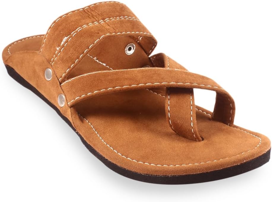 APRATIM Men's Ethnic Footwear/Kolhapuri Chappal/Velvet Flat-TAN/Stylish & Comfortable-2