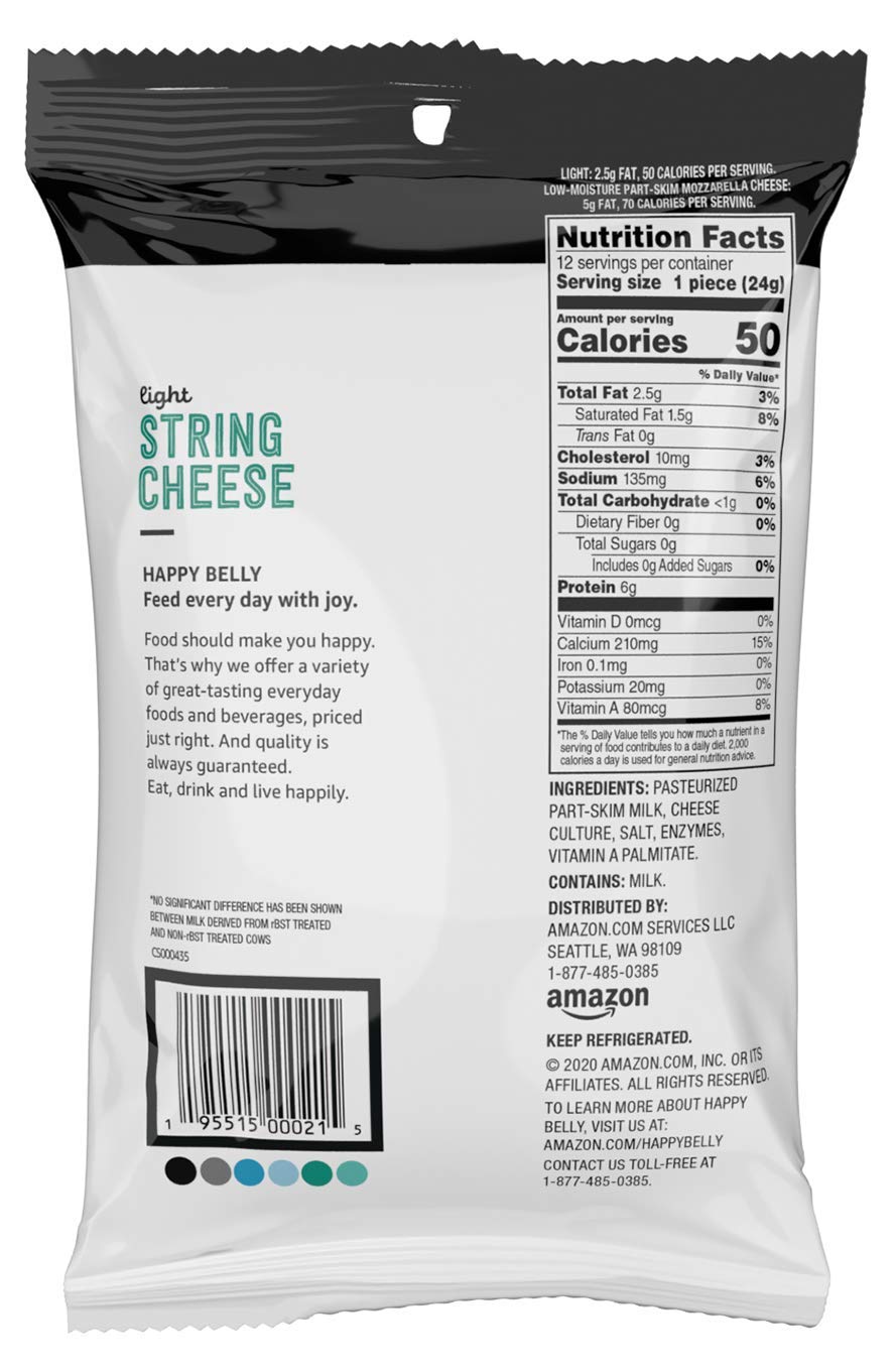 Amazon Brand - Happy Belly Mozzarella String Cheese Light, 12 Count, 10 Ounce