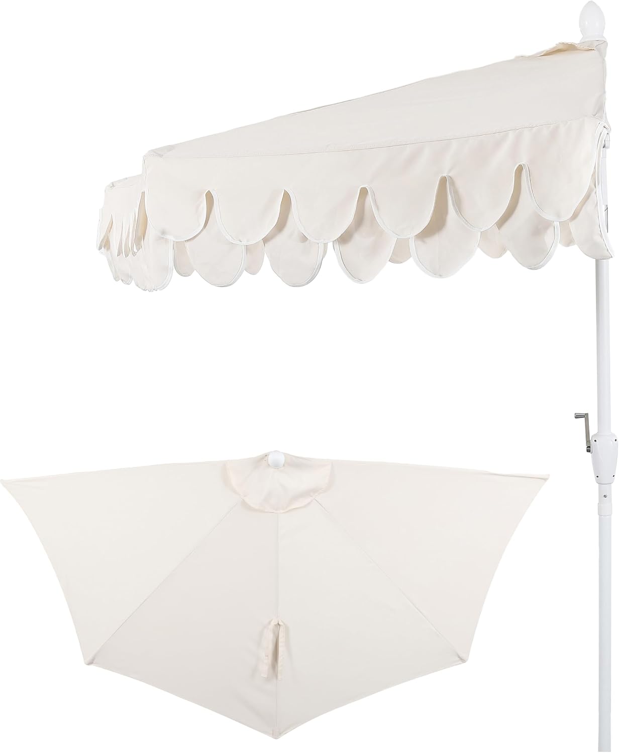 JONATHAN Y Terrace Scalloped 9 ft. Cream/White Half Round Patio Umbrella with Crank Lift and Tilt, Coastal Semicircle Market Wall Umbrella for Balcony, White Pole UMB1202C