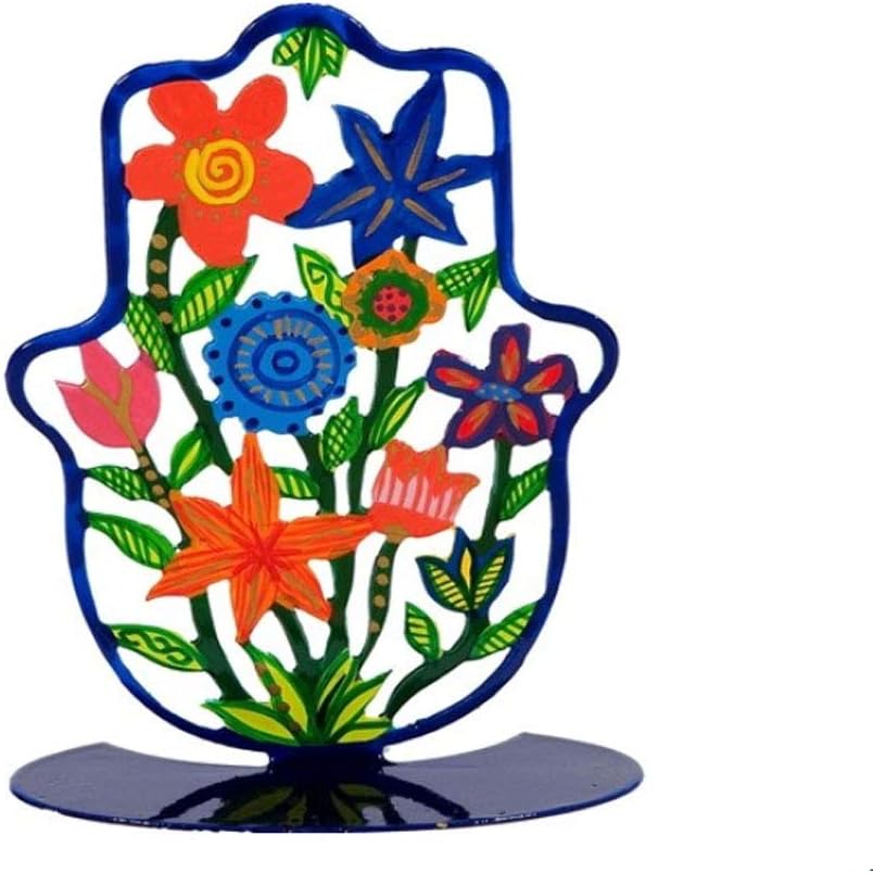 Yair Emanuel Standing Hamsa - Hand Painted Colorful Flowers Design Stand Alone Hamsa (Small) | SHS-3