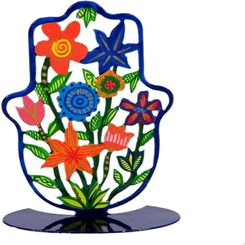 Yair Emanuel Hamsa de pie - Diseño de flores coloridas pintado a mano Stand Alone Hamsa (pequeño) | SHS-3