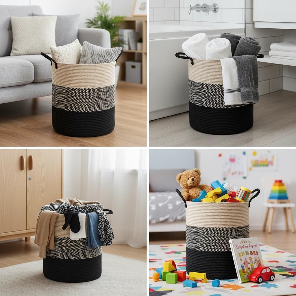 58L Cotton Rope Laundry Basket - Large Collapsible Storage Hamper with Handles Suitable for seasonal storage, toy storage, and a great gift for women (Color Block)