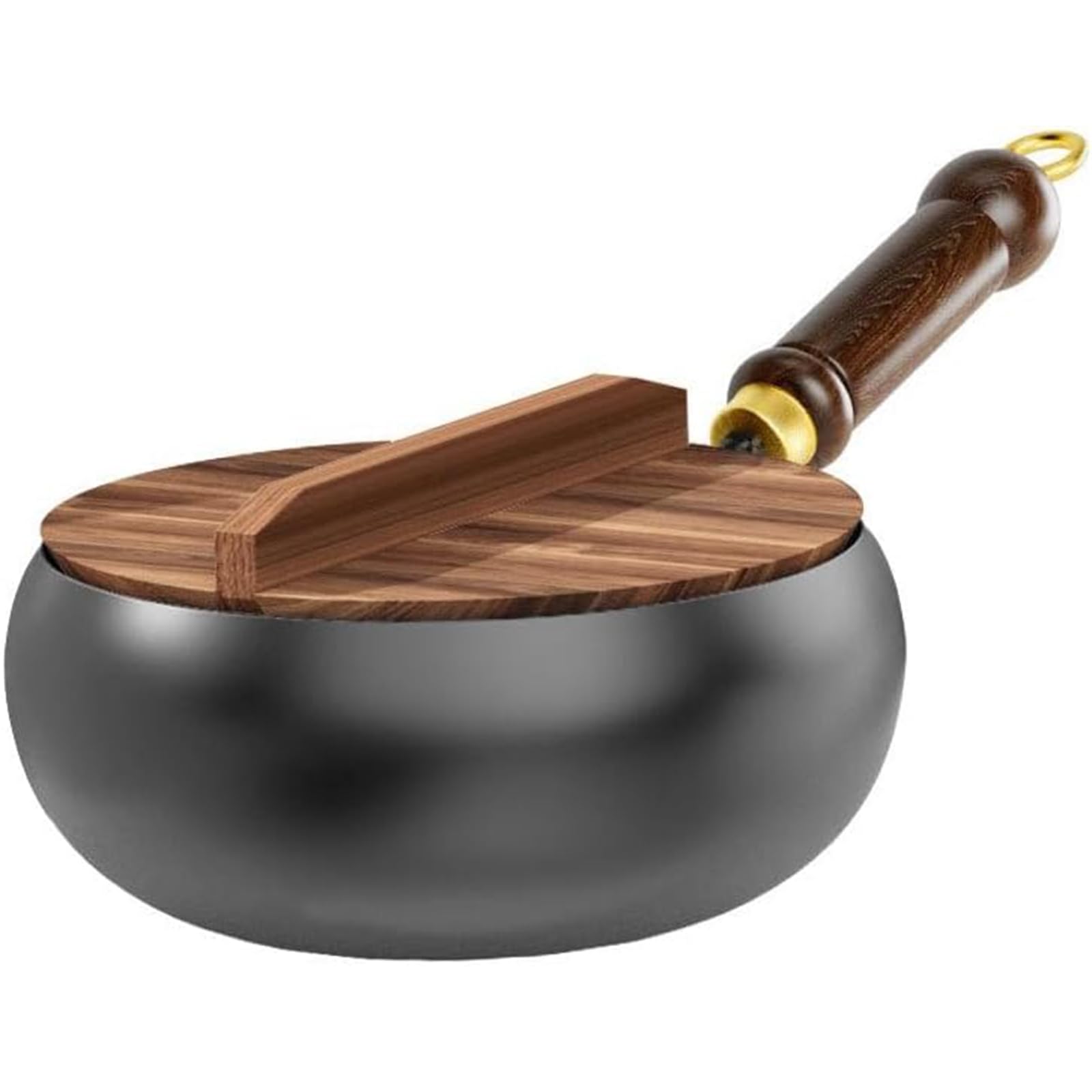 Padella in ferro giapponese con coperchio in legno, padella in ferro fatta a mano, multifunzione non accelerato, manico anti-scene, stoviglie in legno di ferro, diametro 24/28 cm (28 cm + coperchio in