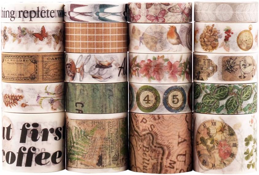 Dizdkizd20 Rolls Washi Tape Set, Vintage Masking Tape with 3 Sizes 10/15/30mm Wide, Nostalgic Style Decor Colorful Tapes for DIY Craft, Planners, Scrapbooking