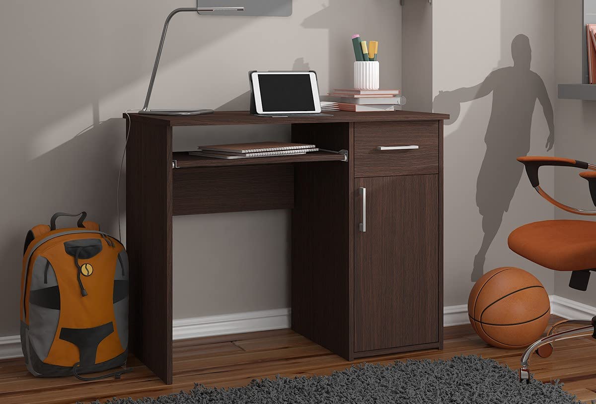 AKORD PC-Schreibtisch PIN mit Tastaturablage | Schreibtisch Klein mit Schubladen | Computertisch | Bürotisch 1 Schublade, 1 Ablagefach mit Tür, B90 x H74 x T50 cm, 29 kg | Wenge