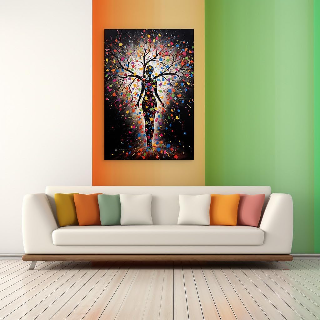 Canvas for Living room. Embracing Colors: A Woman's Silhouette and the Vibrant Tree of Life, 27 x 18 inch Canvas Wall Art - Contemporary Masterpieces - Modern Home Decor