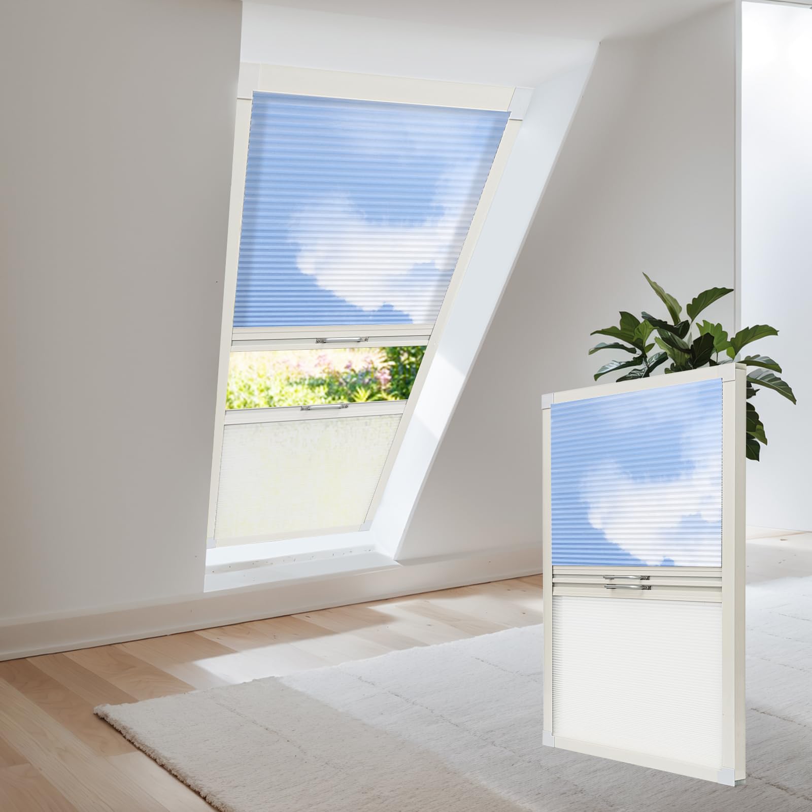 Moonice Cordless Skylight Blinds Day and Night Honeycomb Skylight Shades Light Filtering Cellular Pleated Roof Blinds for Home Easy to Install Shade for Ceiling Window Custom Size - Sky Blue
