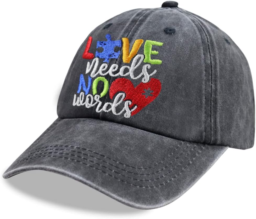 Love Needs No Words Hat, Love Heart Autism Puzzle Graphic Baseball Cap, Adjustable Embroidered Wash Cotton Autistic Hats - Image 2