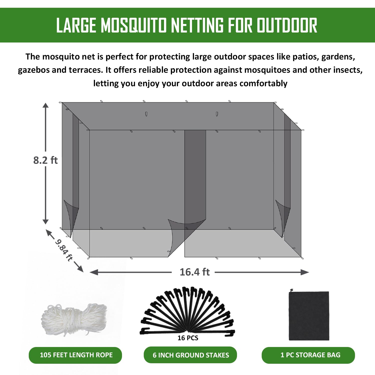 Hugeleaf 16.4 X 9.84 X 8.2 Ft Extra-Large Mosquito Netting for Patio, 3 Openings 220 Mesh Mosquito Net Tent Outdoor Bug Netting for Camping, Gazebo, Garden Protection from Insect
