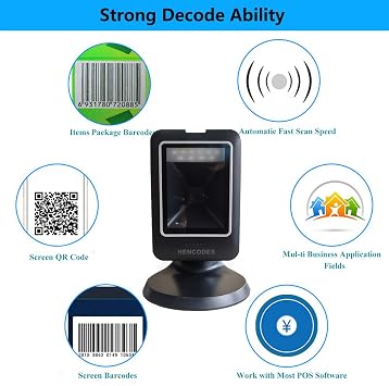 Desktop Vertical Barcode Scanner,Wired 2D QR Codes Reader,Handsfree Type,USB Cable Work on POS System HC-404