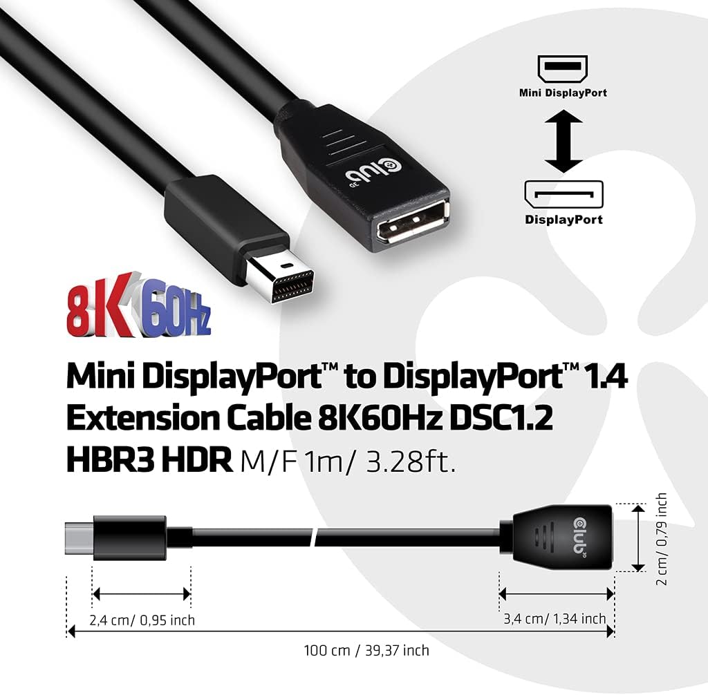 Club 3D Mini DisplayPortTM to DisplayPortTM 1.4 Extension Cable 8K60Hz DSC1.2 HBR3 HDR M/B. 1 Metre 32AWG