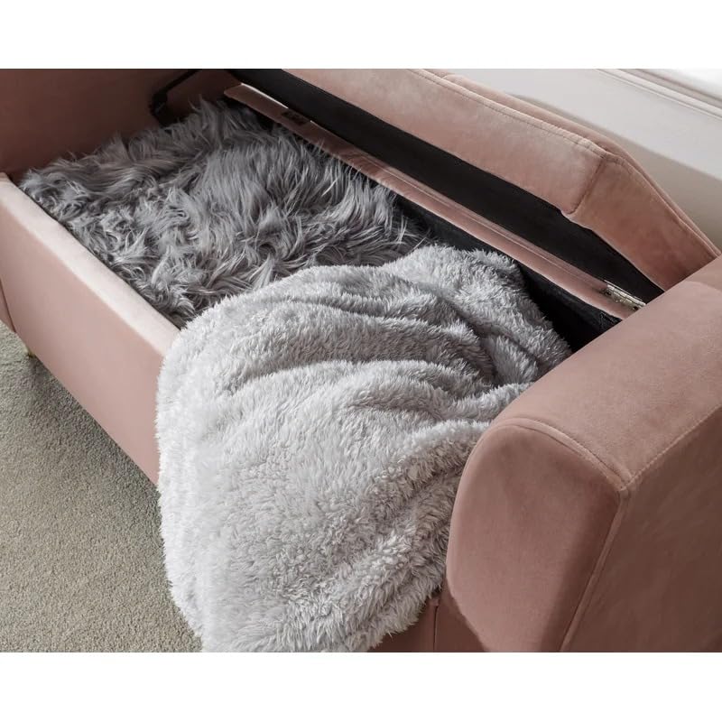 Image of Velvet Upholstered Storage Bench with Arms for Bedroom & Living Room | Tufted 2 Seater End of Bed Ottoman Bench with Hidden Storage | Modern Entryway Seating Sofa Bench with Armrest, Blush Pink