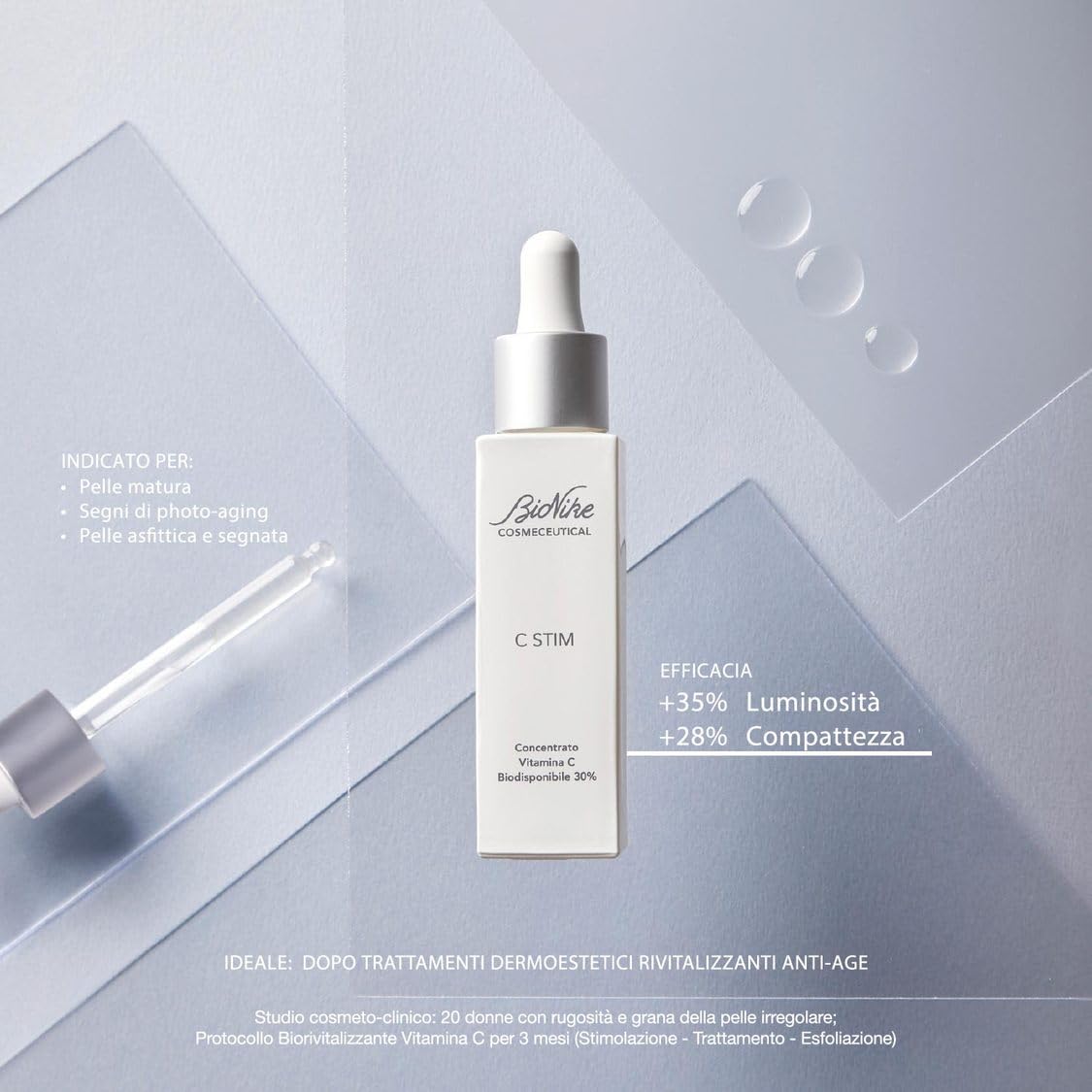 Bionike Cosmeceutical - C Stim Siero Viso Vitamina C ad Azione Antiossidante, Distende le Rughe e Uniforma e Illumina l'Incarnato, Dona una Pelle Levigata e Rivitalizzata, 30 ml
