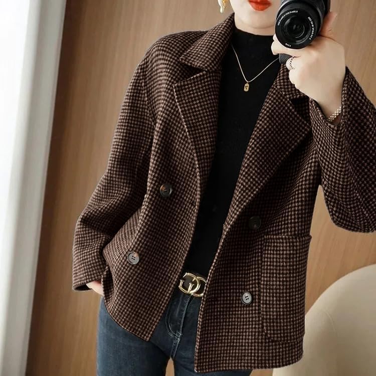 utcoco Womens Cropped Wool Coats Houndstooth Double Breasted Short Wool Pea Coat Cropped Blazer Jackets with Pocket - Image 6