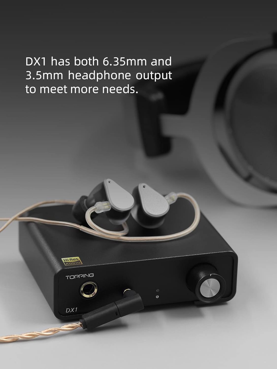 Topping DX1 with headphones connected to 3.5mm jack