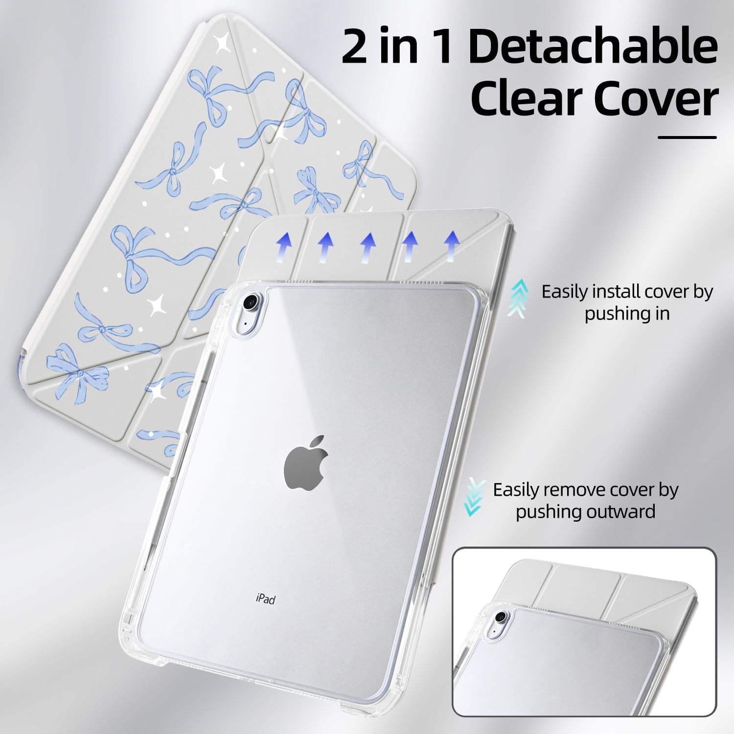 Light Blue Bow Y-Fold Case for Ipad 11" A16 2025 Cute Ribbon Pattern Cover & Pencil Holder Detachable Sliding Cover Fashion Girly Solid Shell Mutil Angles Folding Clear Case for Ipad image 5