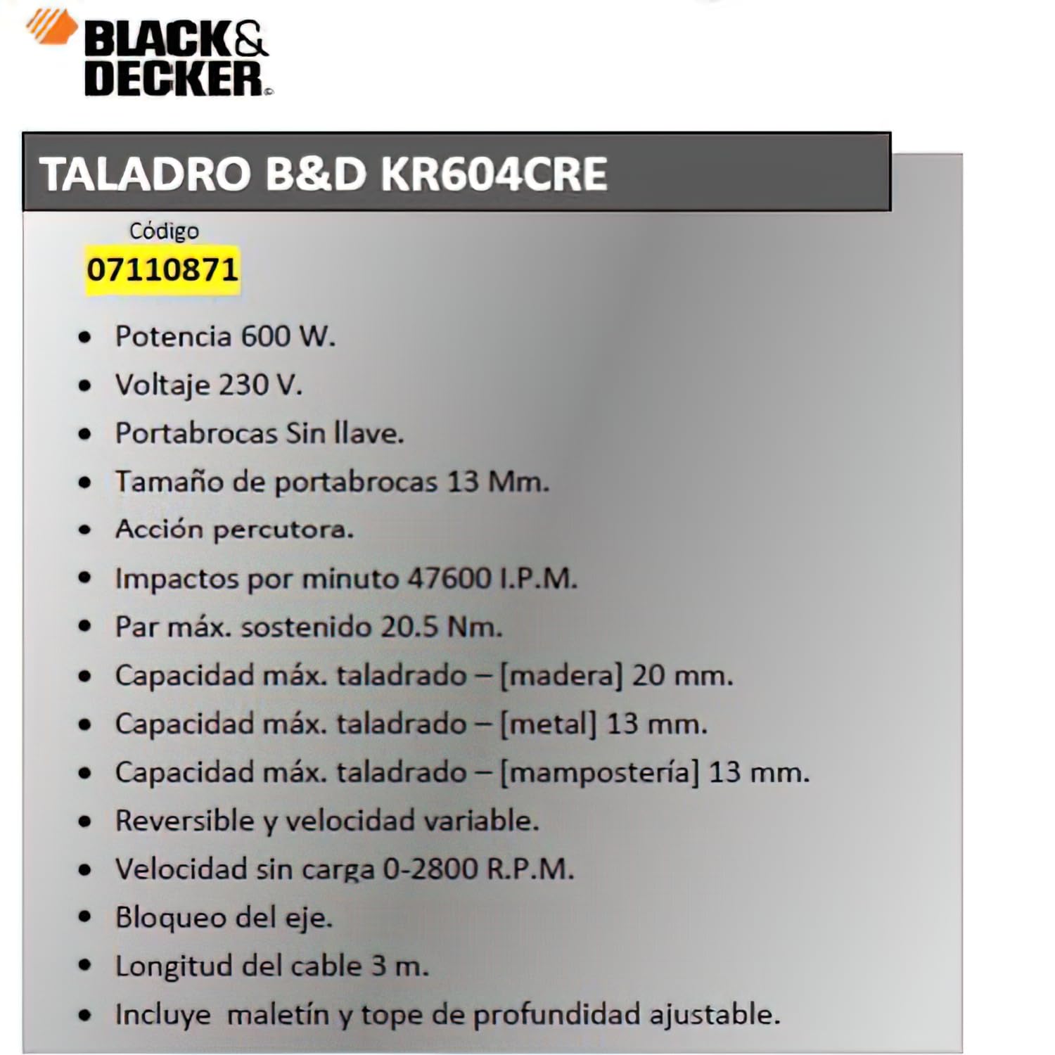 Black+Decker KR604CRESK Taladro percutor (600 W, 230 V, con maletín), 40