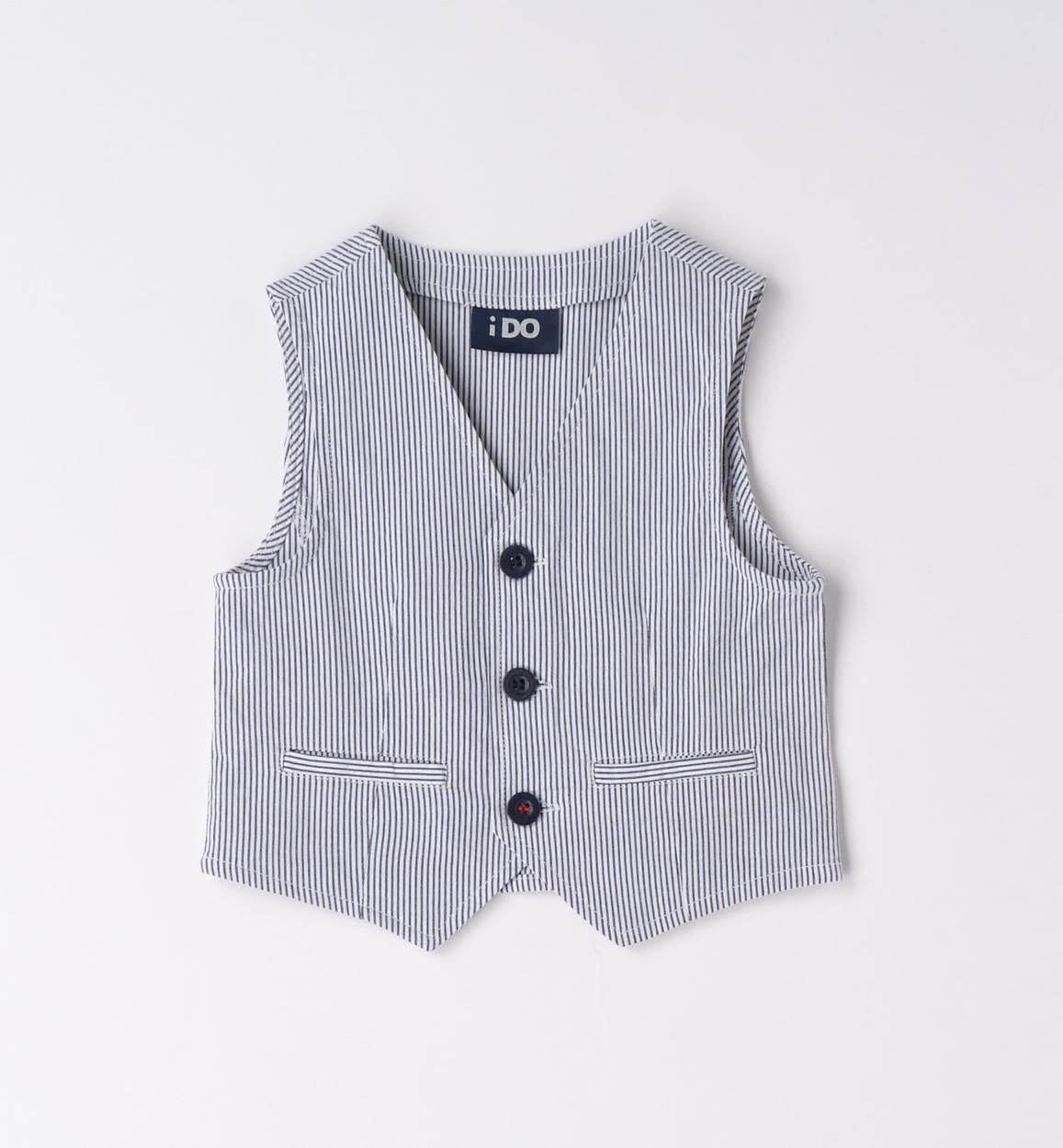 IDO Conjunto de bautizo ceremonia para recién nacido 12 meses - 74 cm con chaleco camisa y pantalón blanco a rayas azules, Color blanco., 12 meses