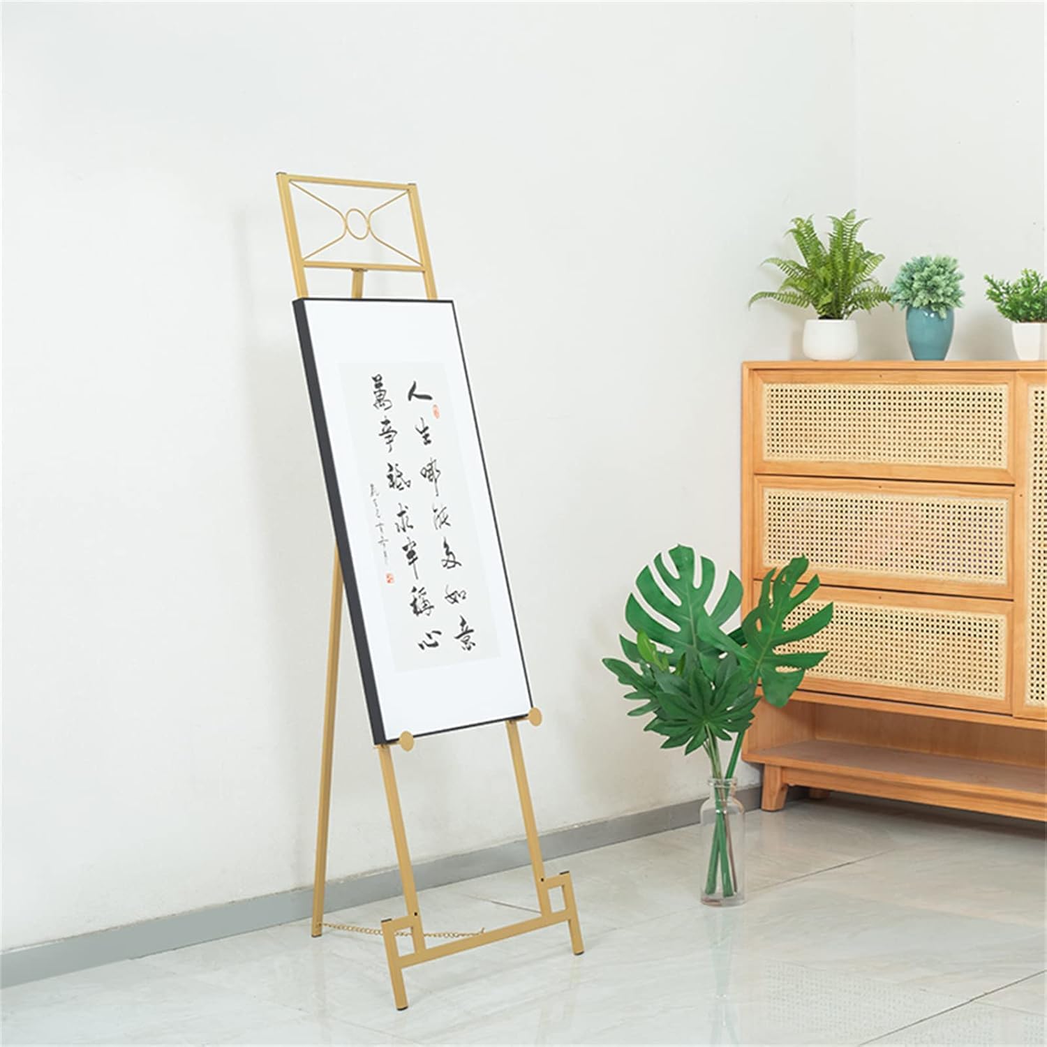 Caballete para exhibición de pinturas, soporte de exhibición de arte portátil plegable con marco en H, soporte para carteles de bodas, hoteles y restaurantes, dorado/negro/blanco, 150 cm de alto (blan