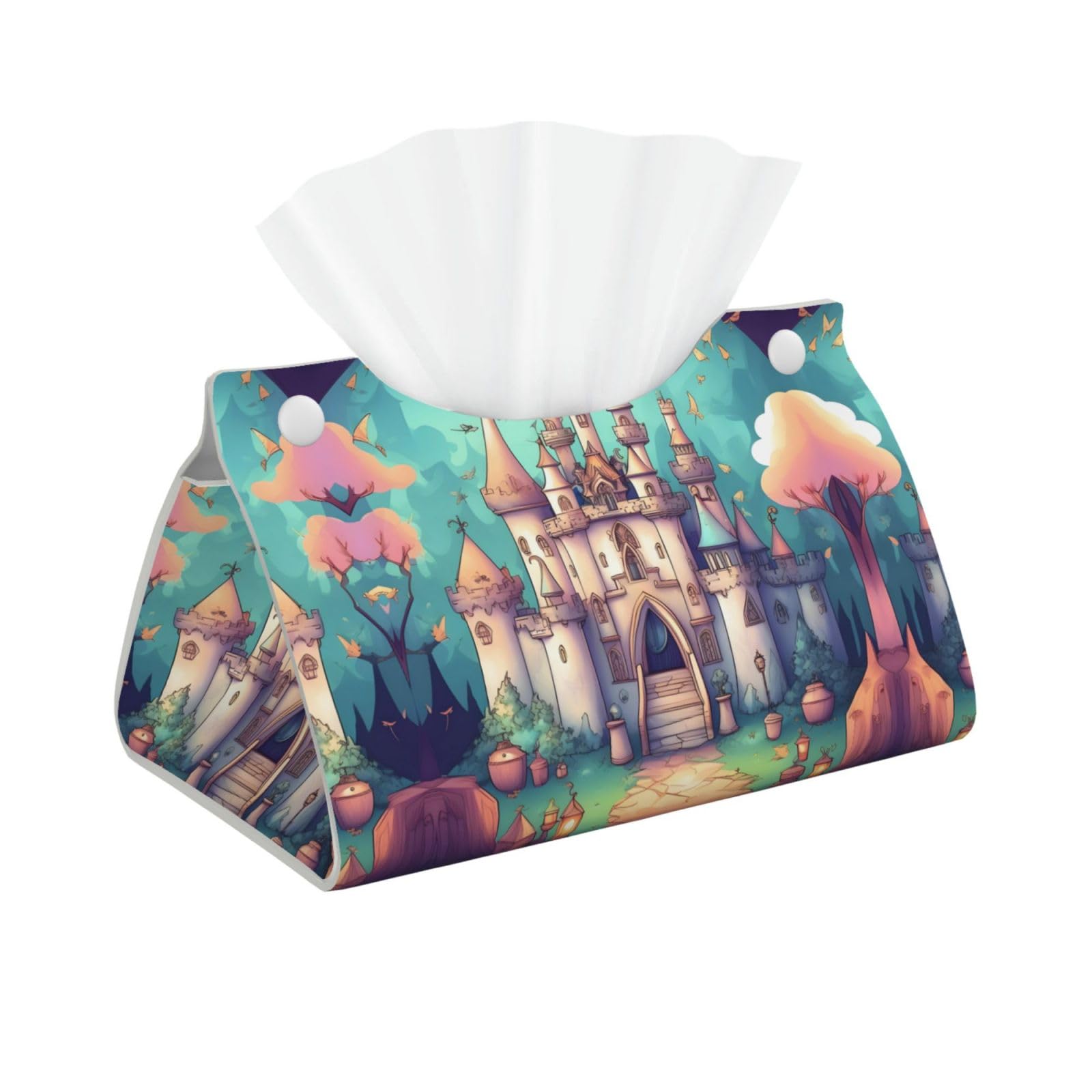 Classical Castle Print Long Tissue Box Cover Holder â€ Foldable Leather Organizer for Vanity, Nightstand, Desk & Bathroom