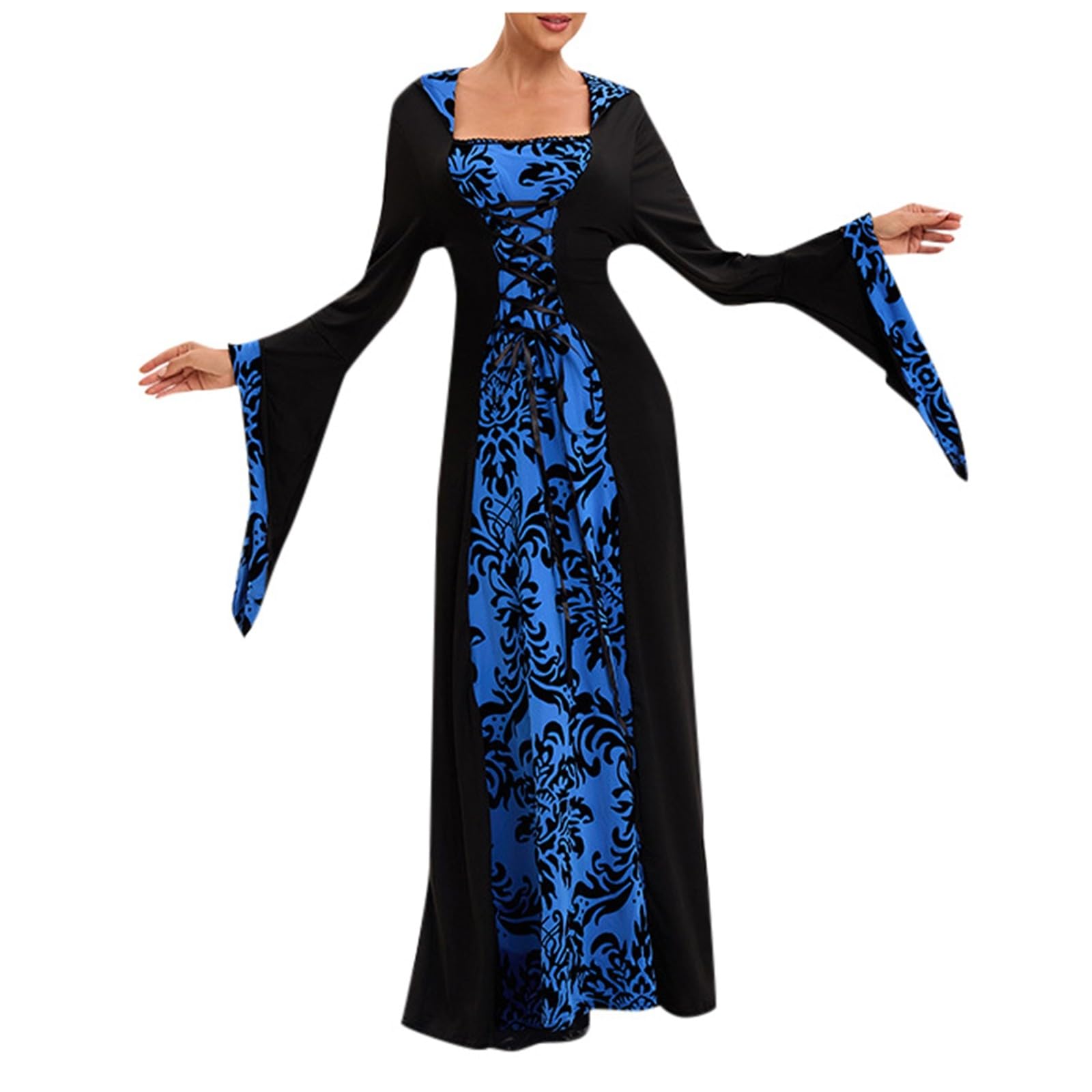 Robe rétro médiévale Artistique, Manches Longues, Lacets, Taille cintrée, Capuche, Robe imprimée