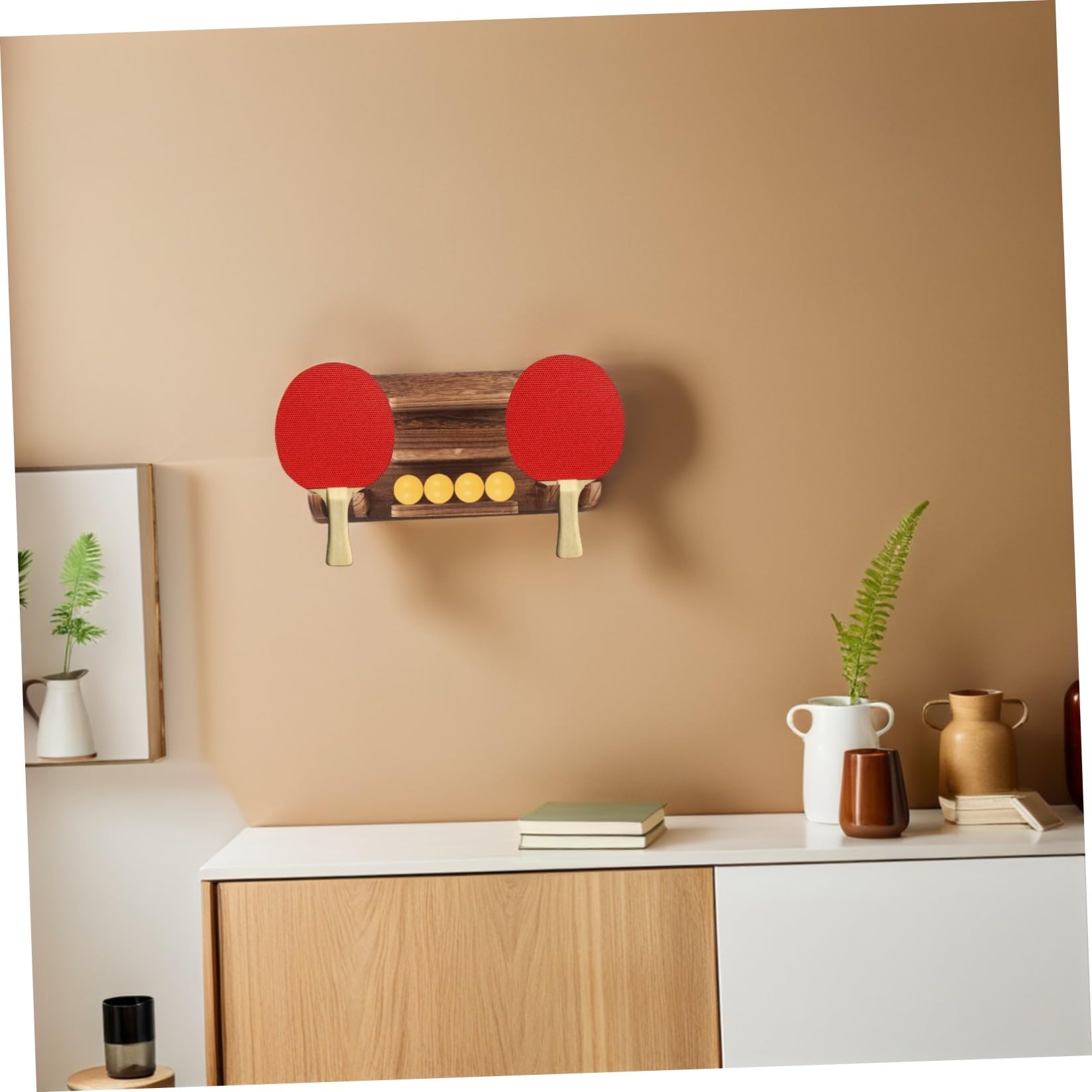 Toyvian Soporte de Madera Montado en Pared para Palas de Ping Pong y Balones, Almacenamiento Ahorrador de Espacio 4 Niveles para 12 Balones y 6 Palas, Adecuado para Sala de Bar o Cueva