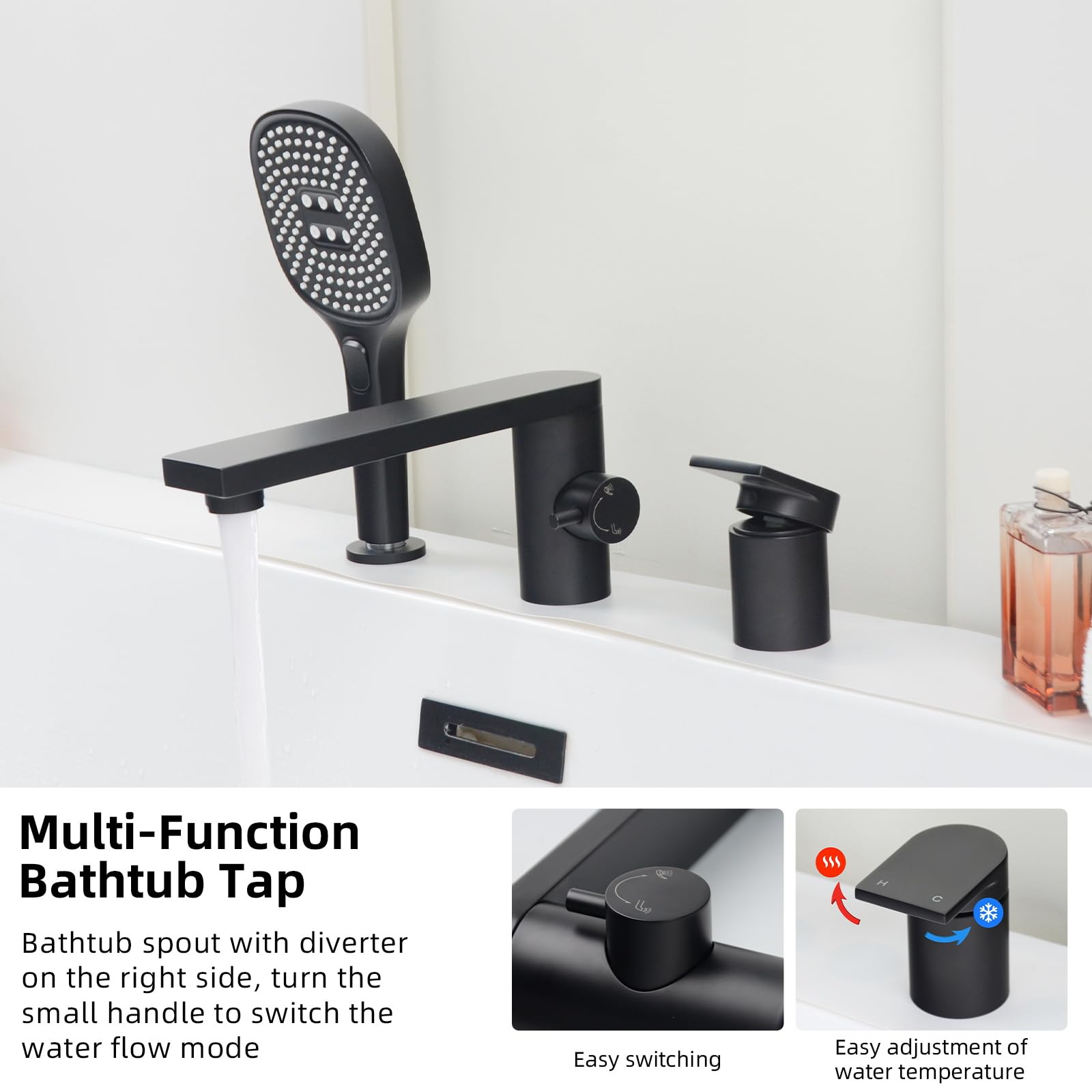 PHASAT Grifo para Borde de Bañera de 3 Orificio, Grifo de Bañera con Ducha de Mano y Manguera, Mezclador de Latón para Baño Caliente y Frío Ajustable Negro Mate PTBB20E