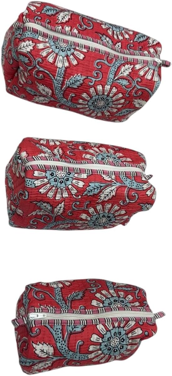 Cotton Hand Block Floral Print Toiletry Bag for Women, Makeup Cosmetic Organizer, Travel Accessories Set of 3 (floral-red)