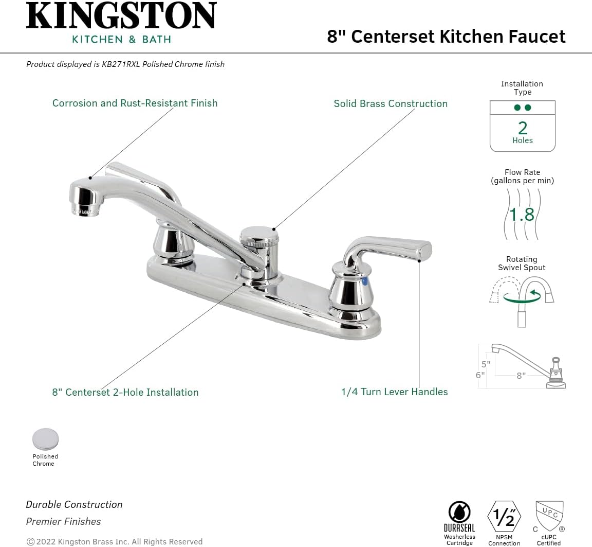 Kingston Brass KB271RXL Restoration 8-Inch Centerset Kitchen Faucet, Polished Chrome, 13.88 x 7.63 x 5.5