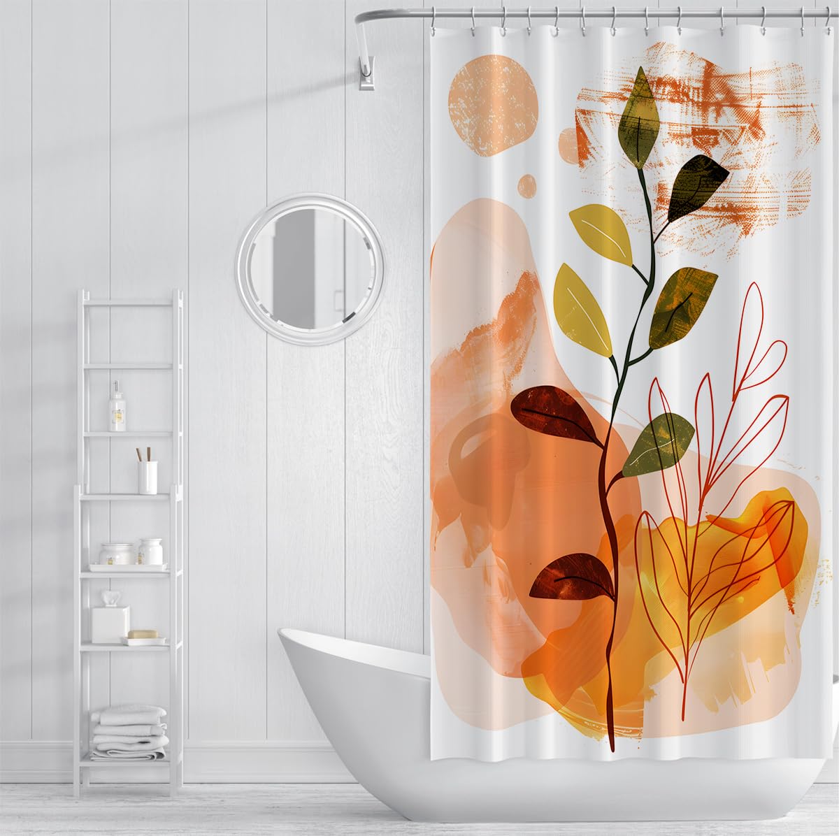 Rideau de Douche Botanique Automne Silhouette Feuille Orange, Aquarelle Abstraite Imperméable Séchage Rapide Tissu Polyester avec Crochets W200xL200 cm