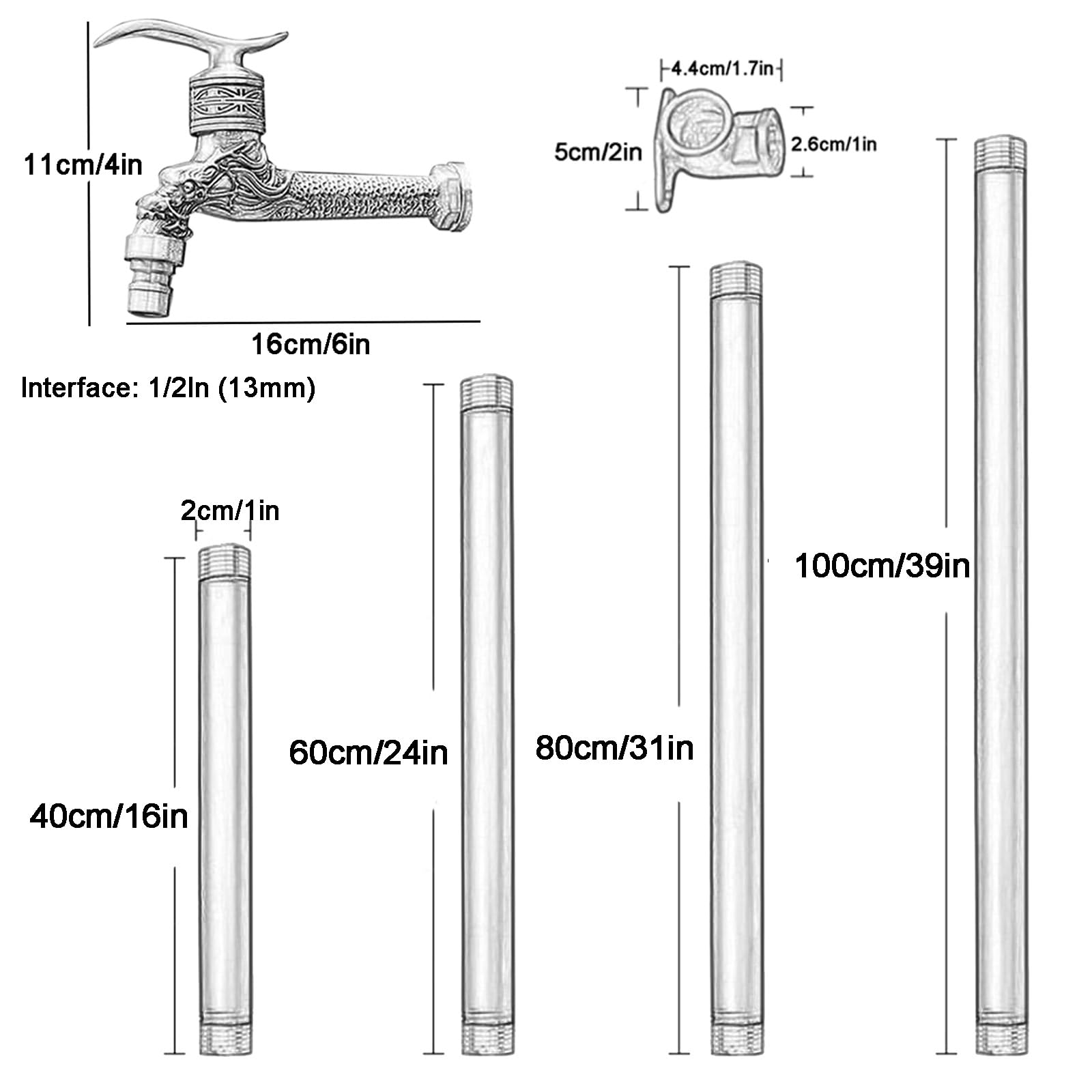 Genérico Columna de Agua Vertical cilíndrica para jardín - Dispensador de Agua anticongelante para Exteriores de 100 cm con Grifo de latón para Plantas, hidrante Negro, Jardines y Patio
