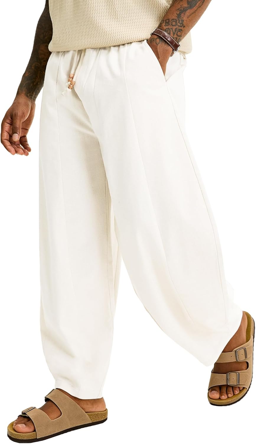 JEMLDL Men's Baggy Cotton Linen Pants Pleated Barrel Leg Trousers Drawstring Summer Beach Casual Pants - Image 3