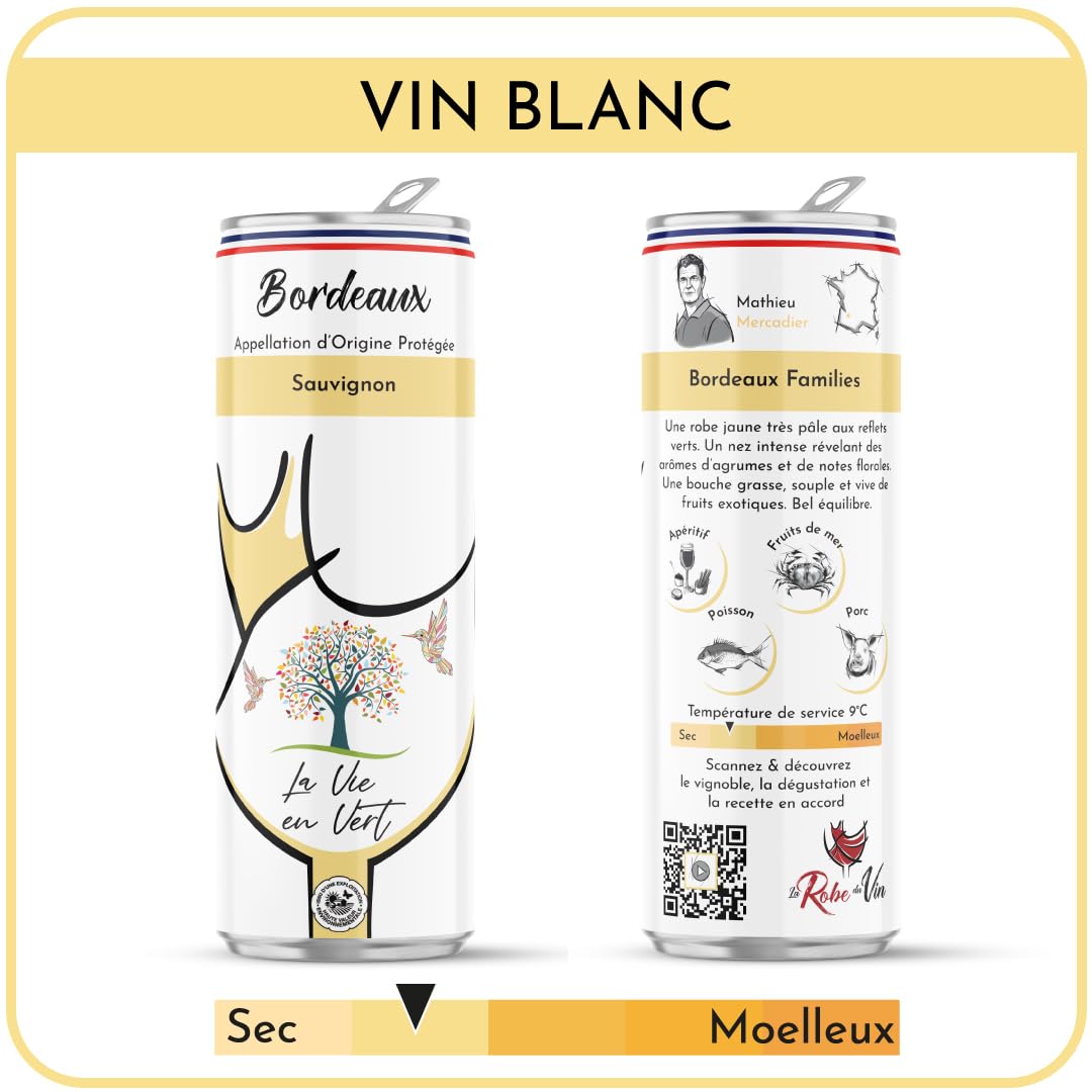 Box "Bordeaux Love" 6 canettes de Vin connectées (25cl) La Robe du Vin- AOP Bordeaux HVE -2x25cl Blanc+ 2x25cl Rosé+ 2x25cl Rouge - Connectées offrant 10 min de vidéo en immersion