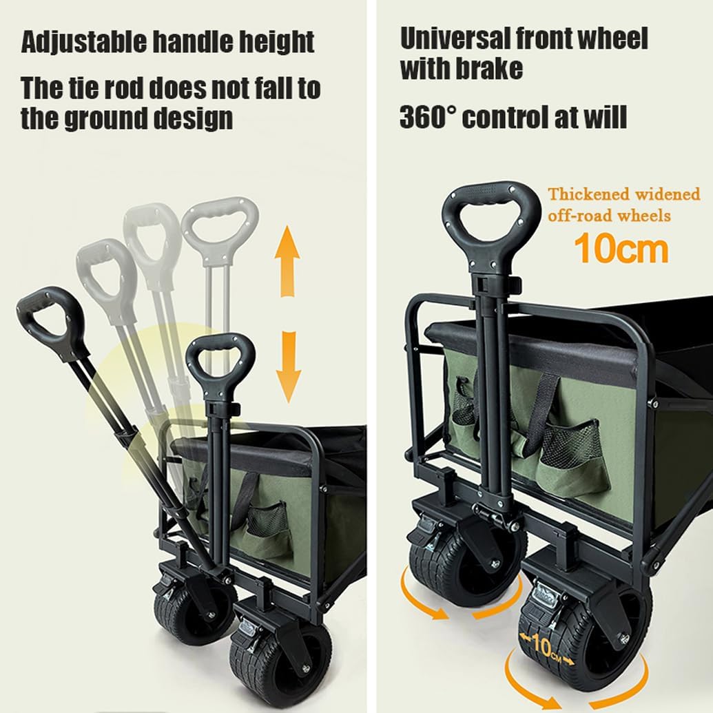 LANGWEI Collapsible Trailer, 200L Folding Camping Wagon Adjustable Larger Capacity, Adjustable Handle Beach Trolley Cart for Outdoor Camping Garden Beach,Black