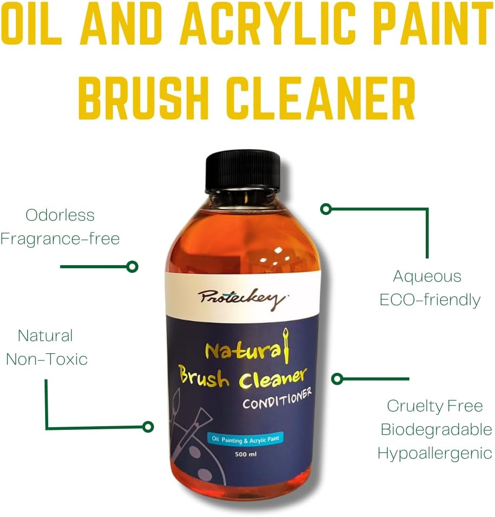 Proteckey Paint Brush Cleaner and Conditioner Restorer - Best for kids, Nontoxic, No Chemicals, Odorless, Oil or Acrylic Paints, Quickly cleans, 100% Natural, Ease Of Cleaning 500ml (16.9oz)