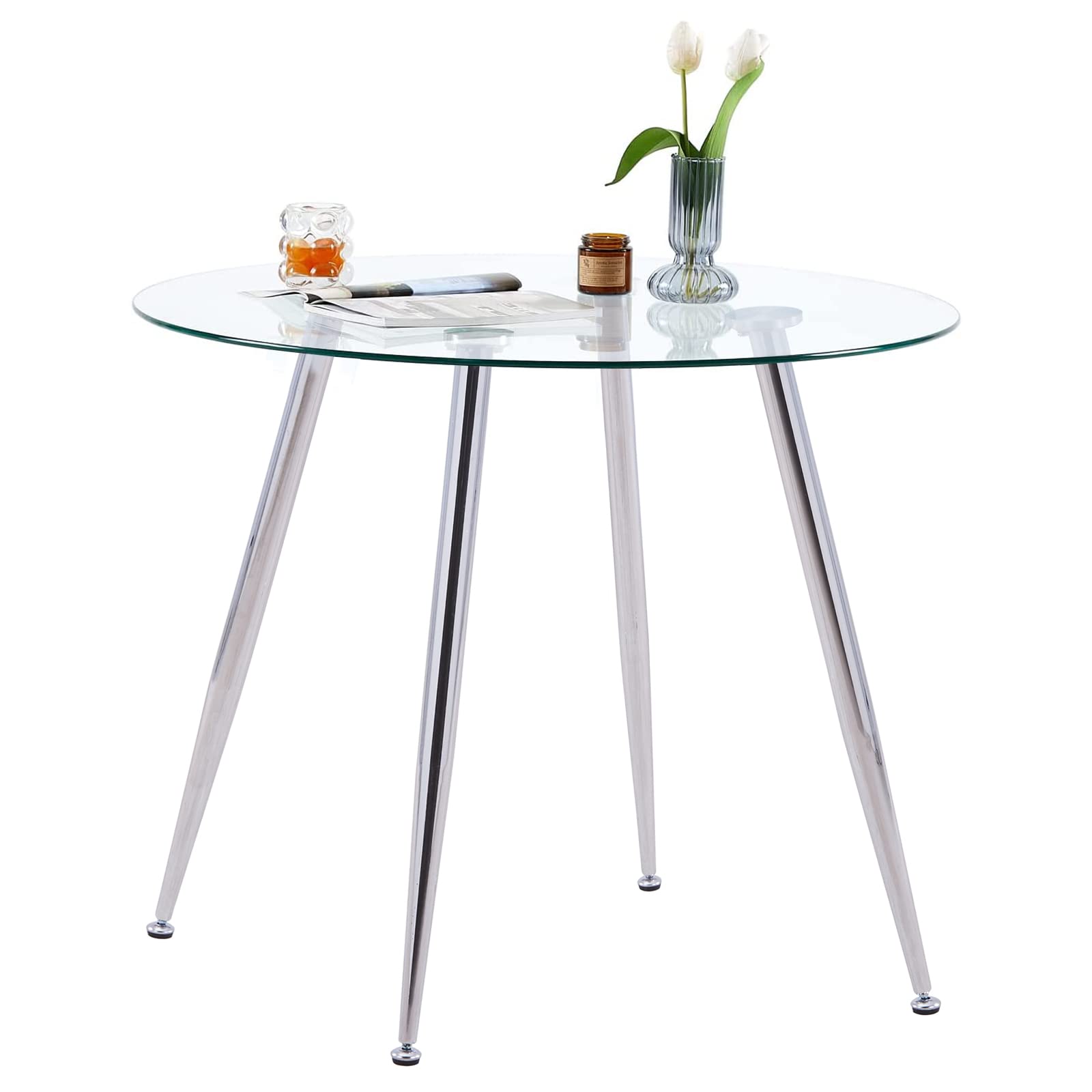 GOLDFAN Round Dining Table 90cm with Tempered Glass Top, Silver Chrome Legs Modern Small Circular Glass Table for Kitchen, Dining Room