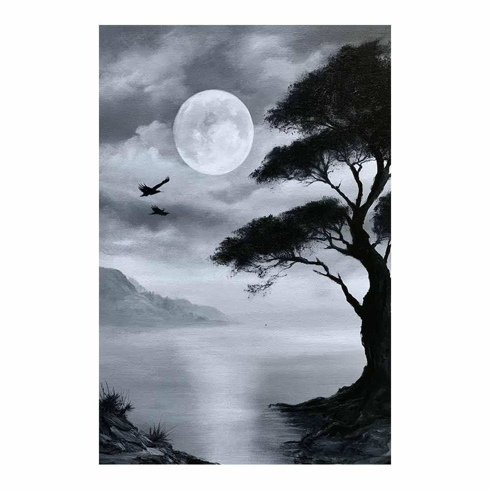 XENIOU Black And White Prints Moon Lake Lone Tree Art prints for walls, canvas wall art for Living Room Bedroom Bathroom Home Office Wall Decoration(Multicolor)-80x120cm Unframed